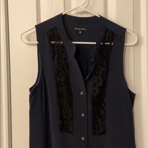 Madewell navy sleeveless silk and black lace top
